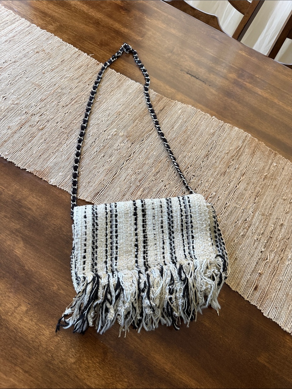 Zara Black & White Woven Fringe Crossbody